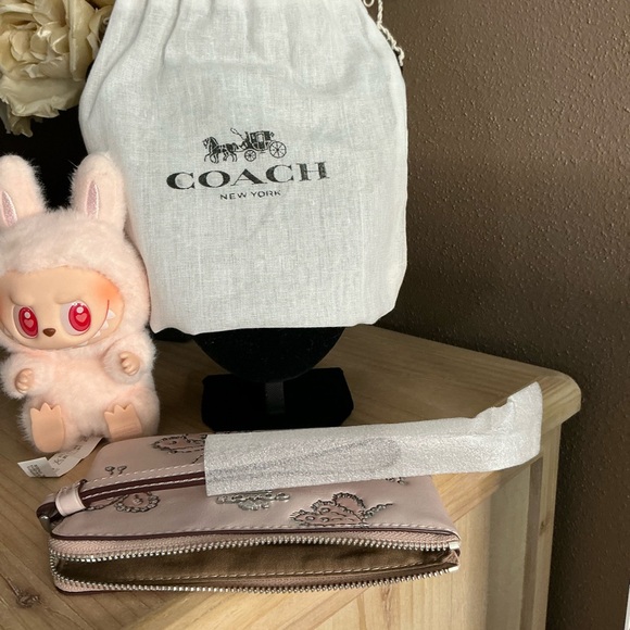 Coach Blush Butterfly Rivets Corner Zip Wristlet plus a Pop Mart lil’ Monster - Picture 5 of 15